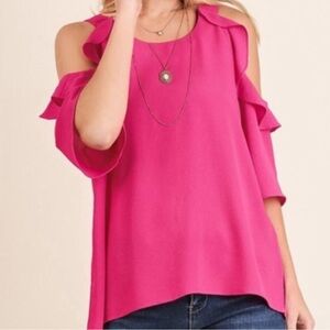 Umgee boutique hot pink ruffle cold shoulder top S